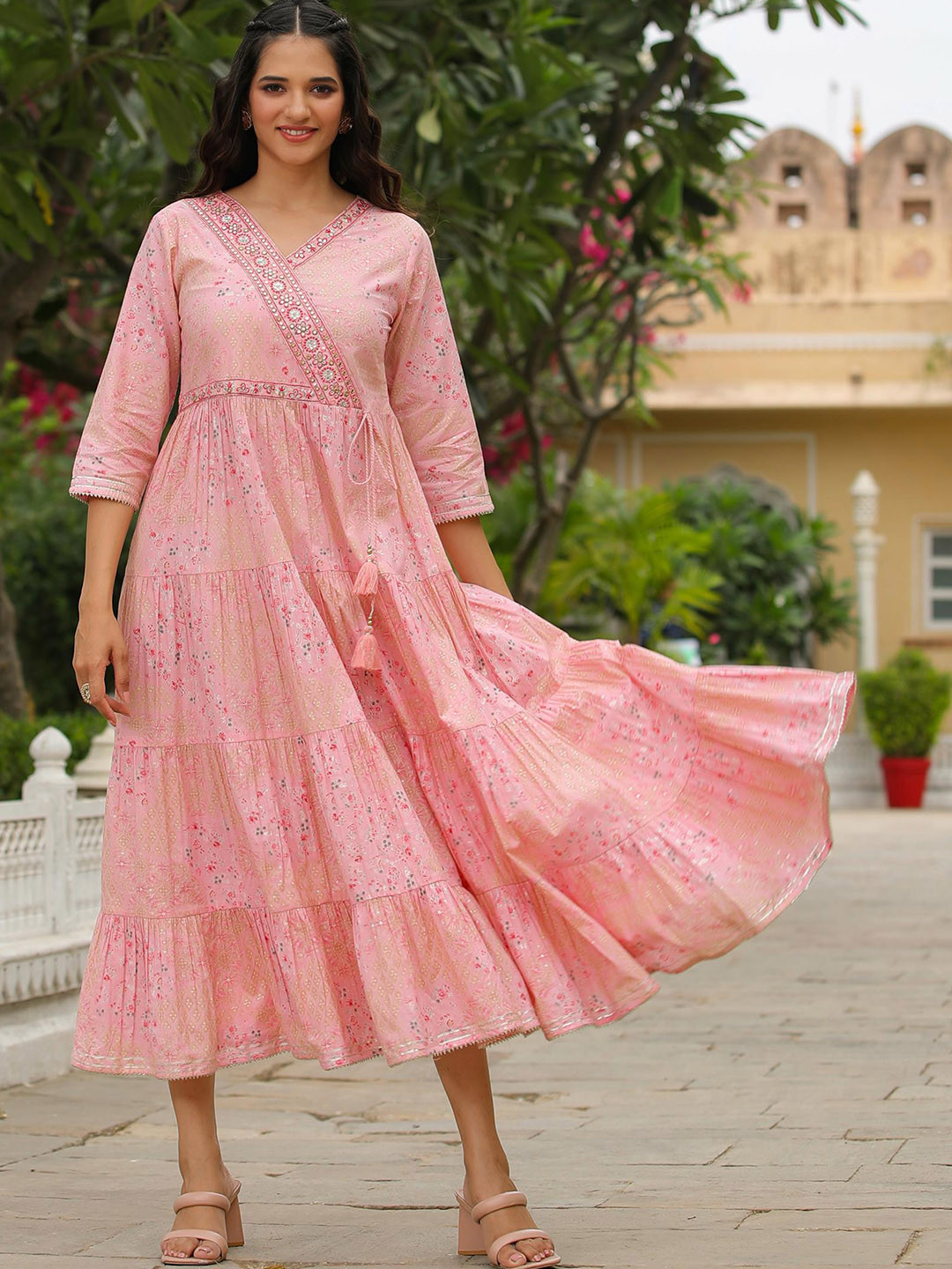 

SCAKHI Floral Printed Mirror Work Embroidered Tiered Cotton Angrakha Ethnic Dress, Pink