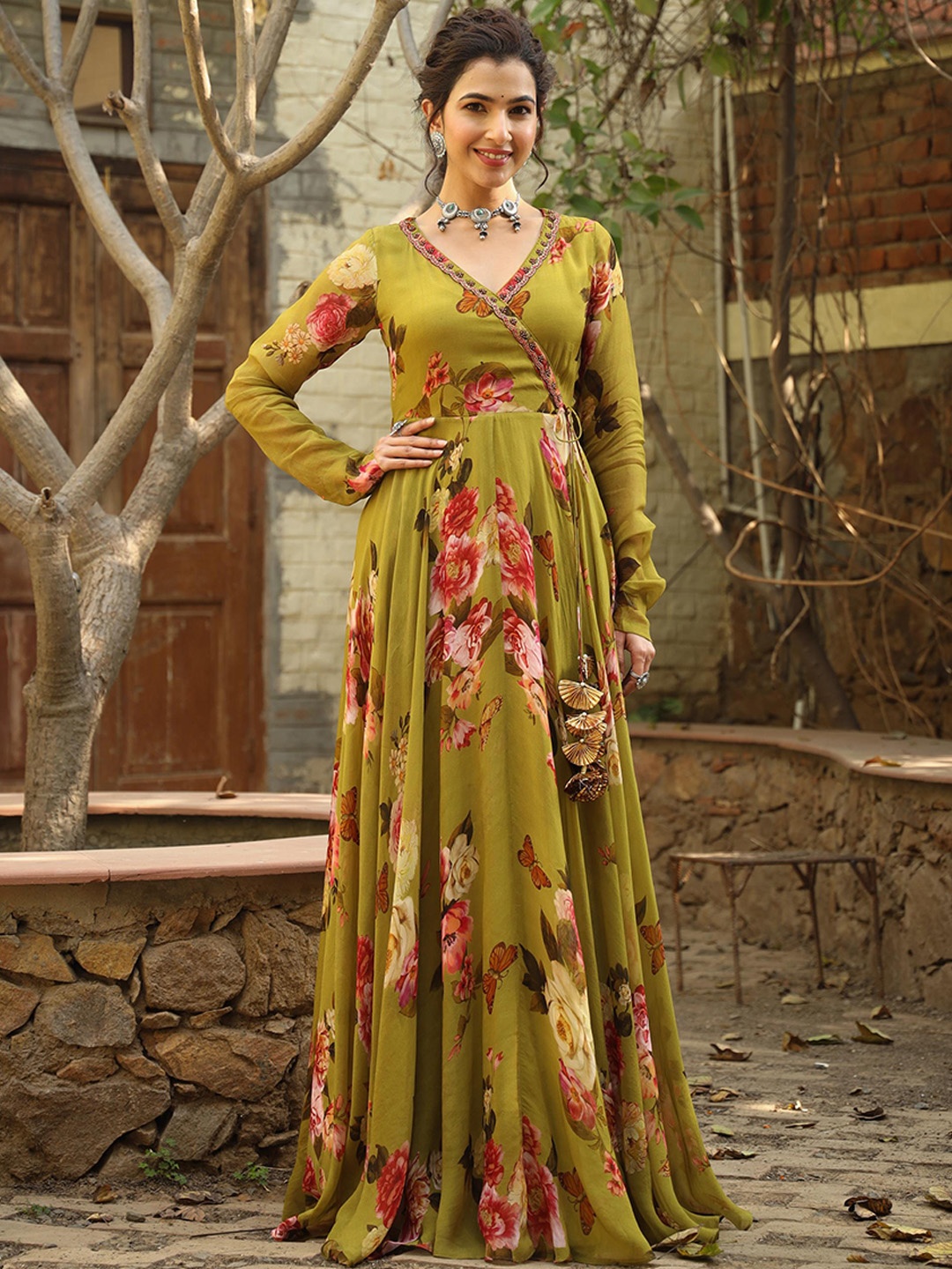 

SCAKHI Floral Printed Beads & Stones Angrakha Pleated Organza Ethnic Dress, Green