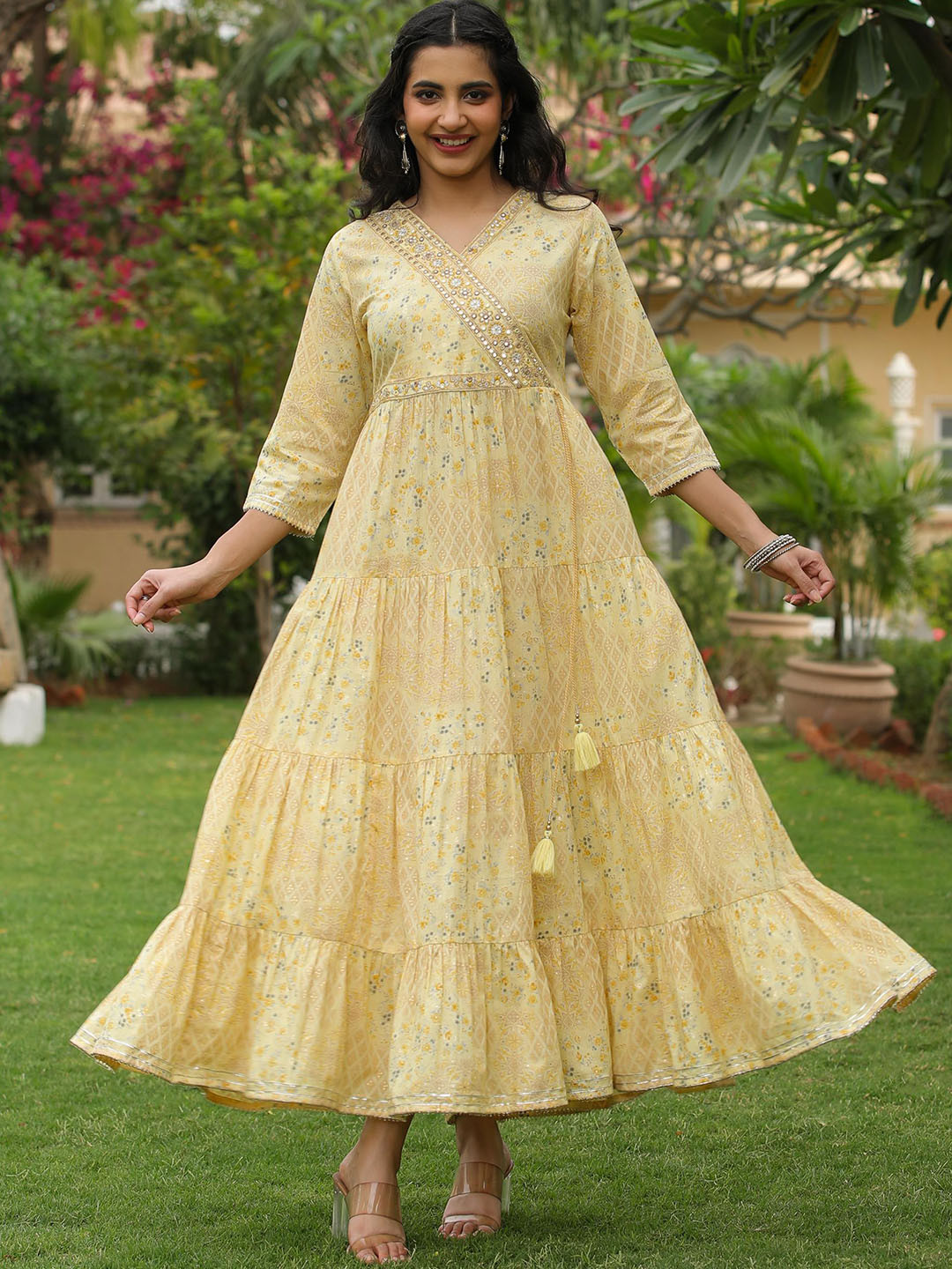

SCAKHI Floral Printed Mirror Work Embroidered Tiered Cotton Angrakha Ethnic Dress, Yellow