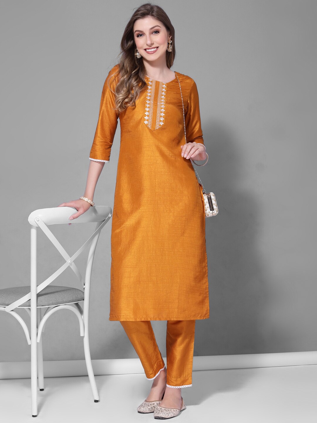 

KALINI Floral Embroidered Kurta With Trousers, Mustard