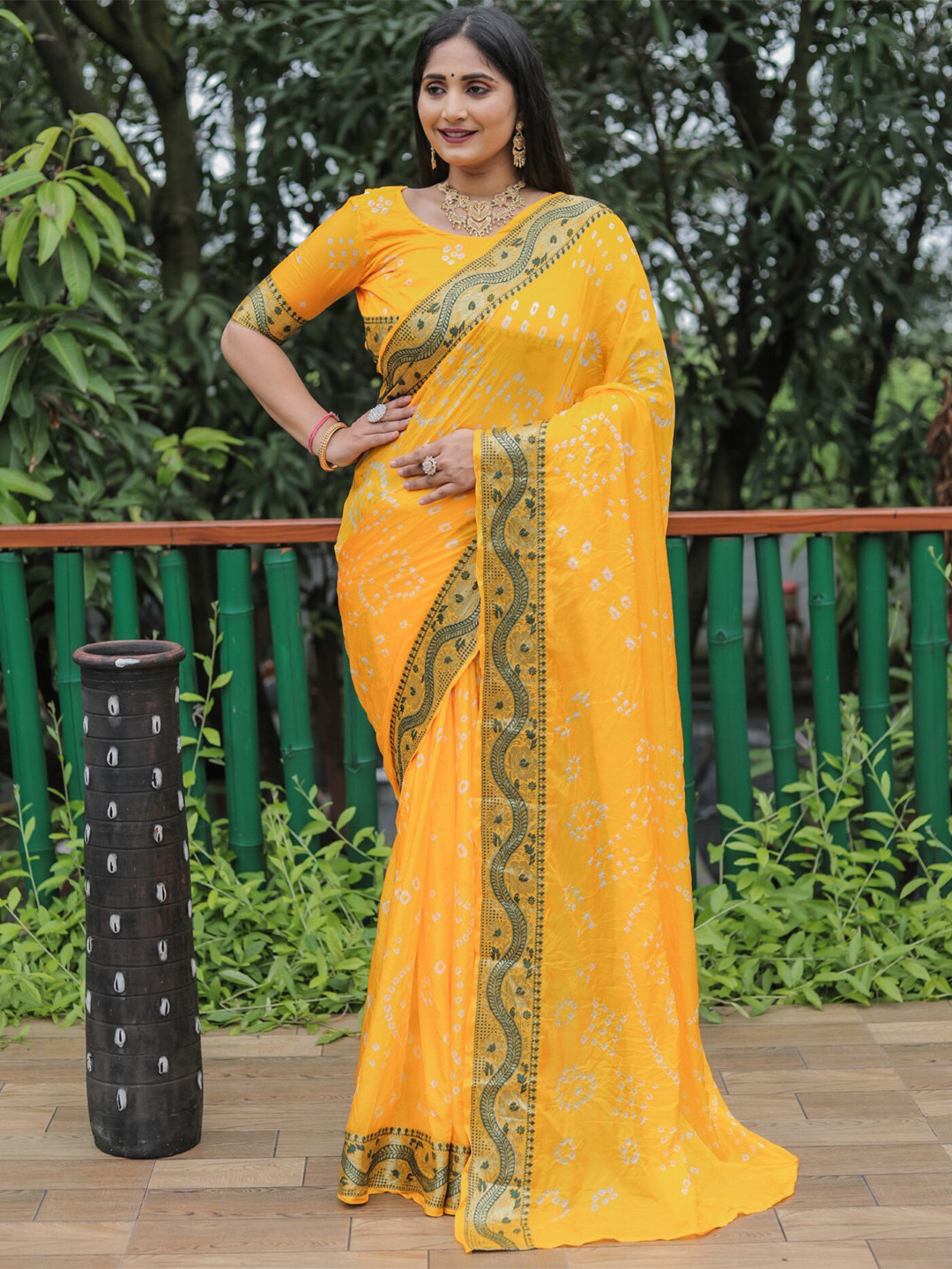 

Mitera Yellow & Green Zari Bandhani Saree