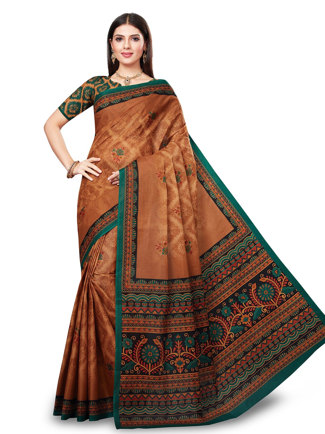 

SALWAR STUDIO Ethnic Motif Pure Cotton Block Print Saree With Blouse Piece, Brown