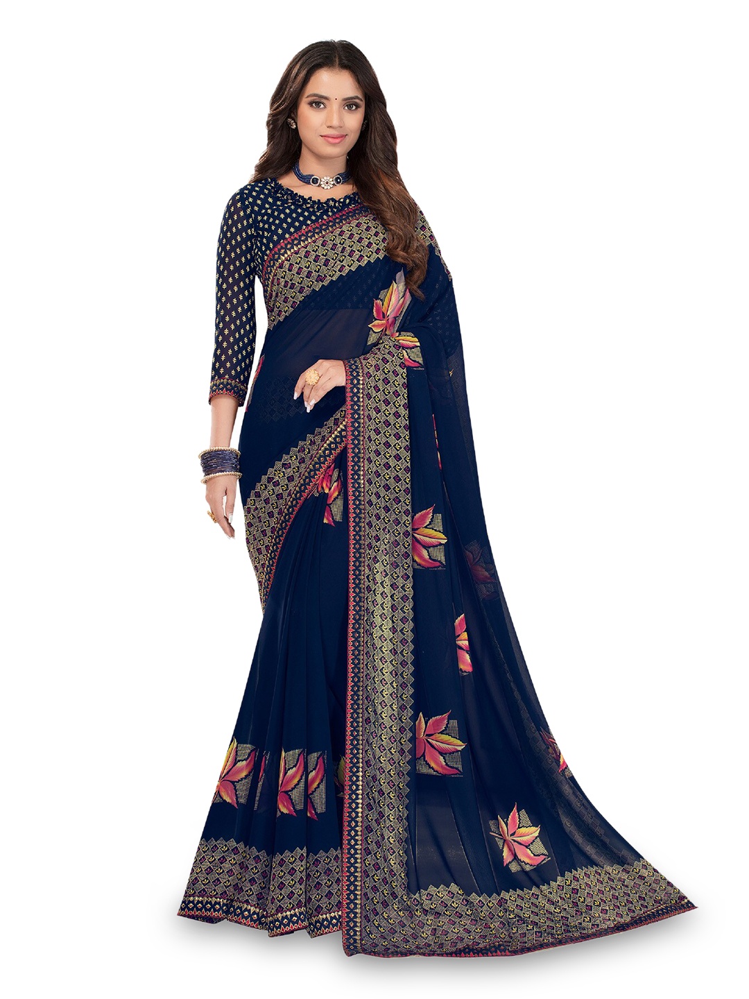 

SALWAR STUDIO Floral Printed Saree, Navy blue