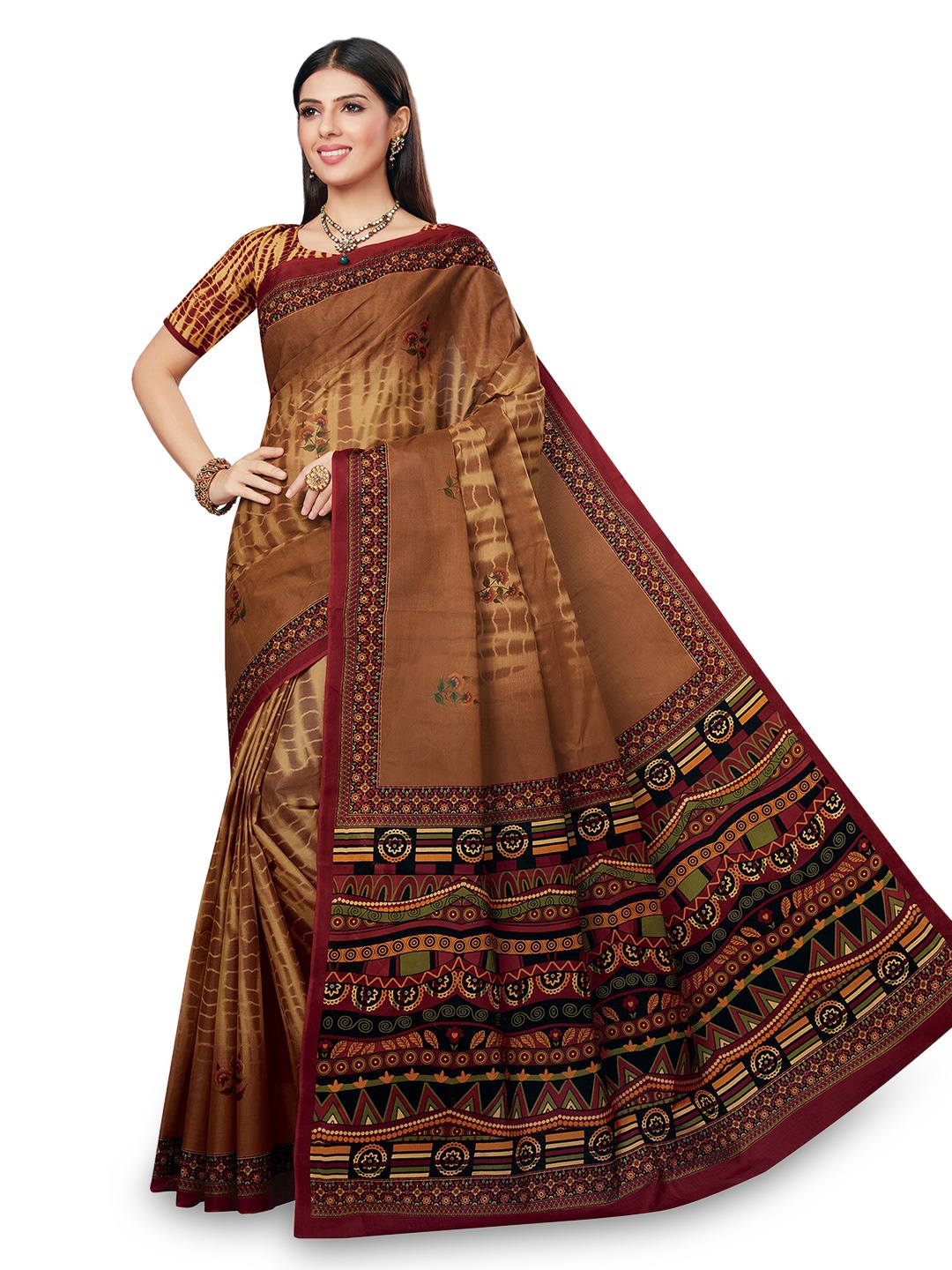 

SALWAR STUDIO Floral Printed Pure Cotton Saree, Brown