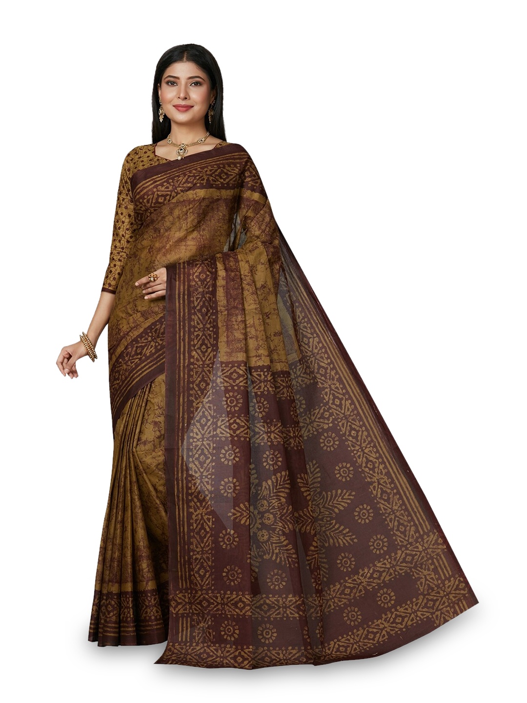 

SALWAR STUDIO Batik Printed Pure Cotton Saree, Gold
