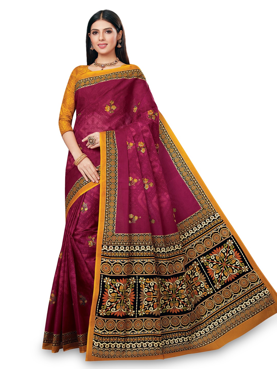 

SALWAR STUDIO Floral Printed Pure Cotton Saree, Maroon