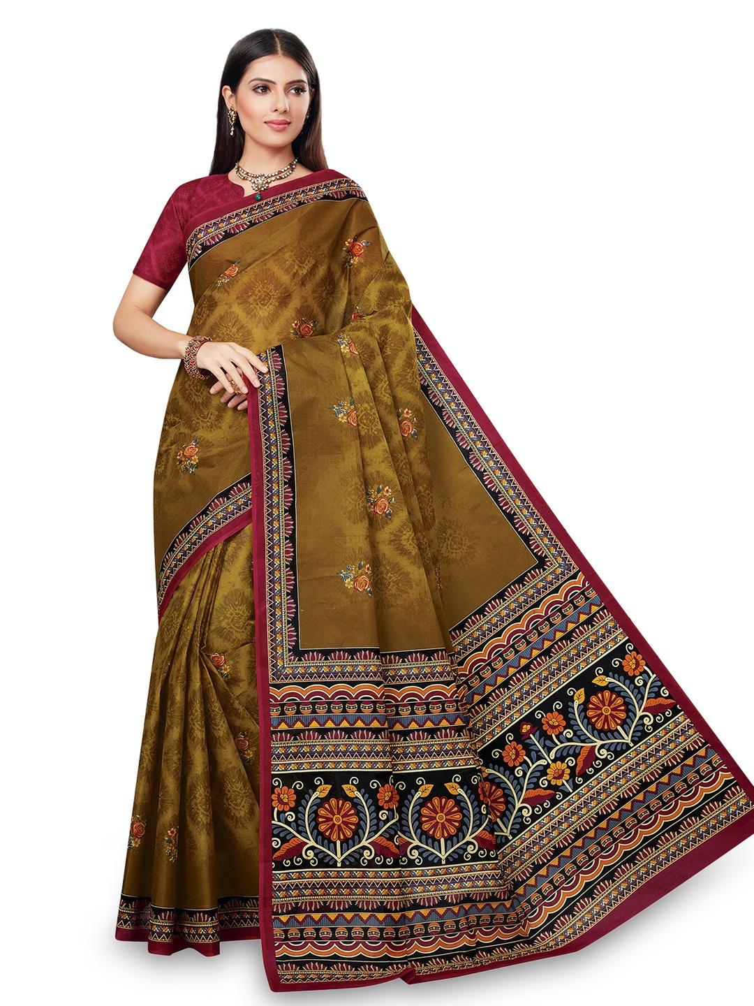 

SALWAR STUDIO Floral Printed Pure Cotton Saree, Brown