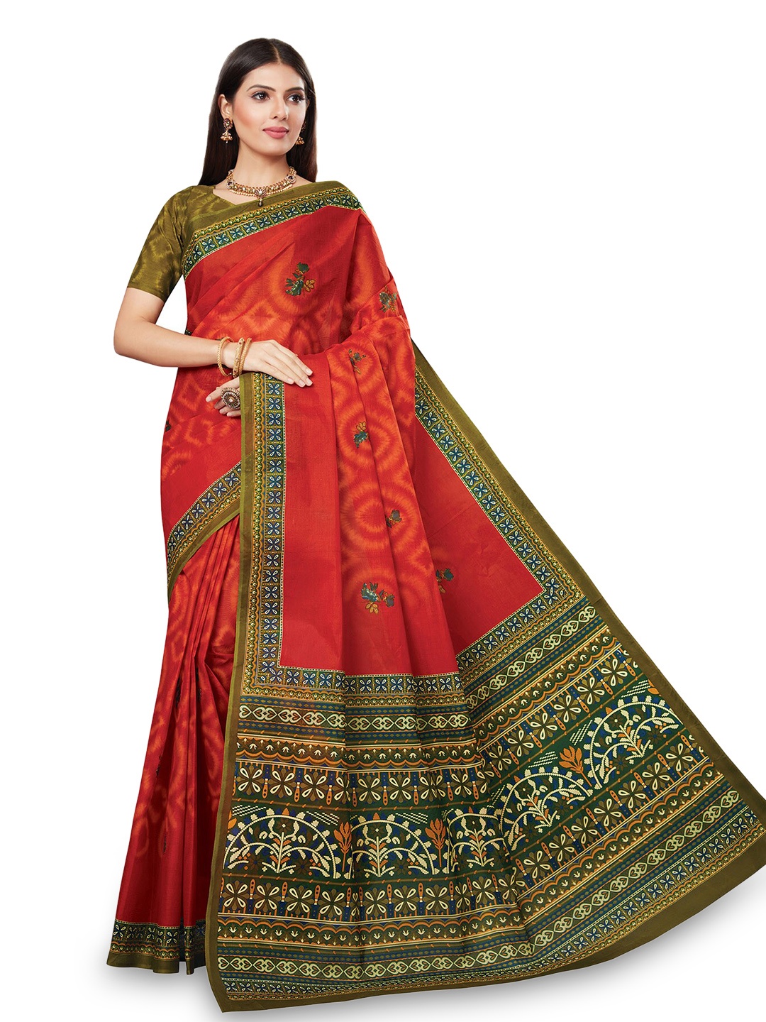 

SALWAR STUDIO Floral Printed Pure Cotton Saree, Red