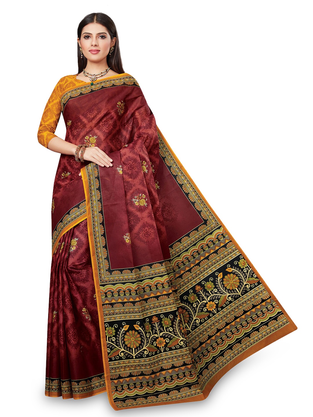 

SALWAR STUDIO Floral Printed Pure Cotton Saree, Mustard