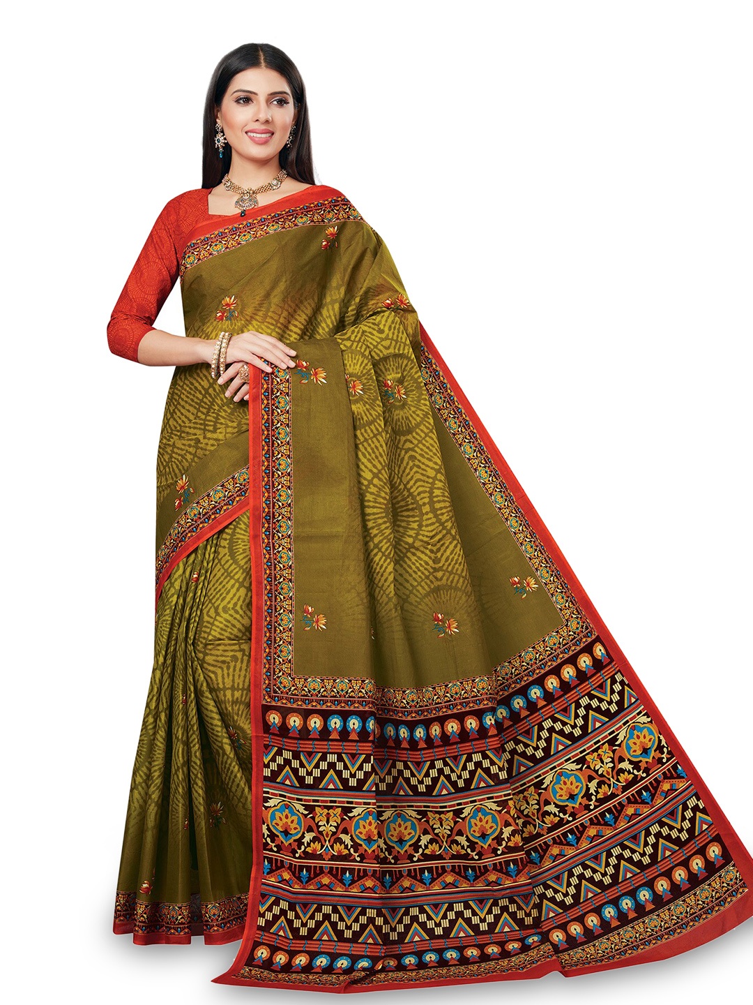 

SALWAR STUDIO Floral Printed Pure Cotton Saree, Olive
