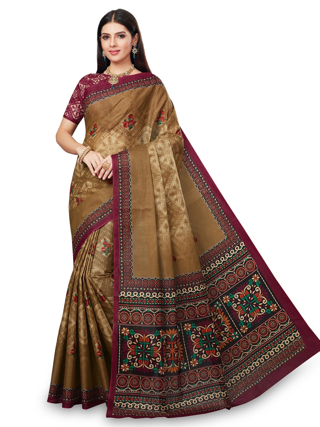 

SALWAR STUDIO Floral Printed Pure Cotton Saree, Brown