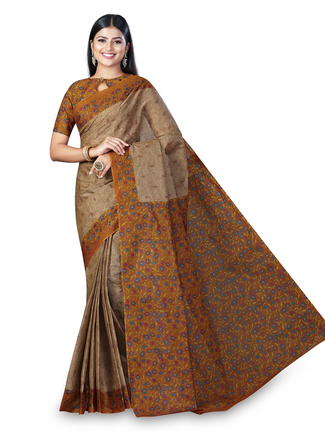 

SALWAR STUDIO Floral Printed Pure Cotton Saree, Beige
