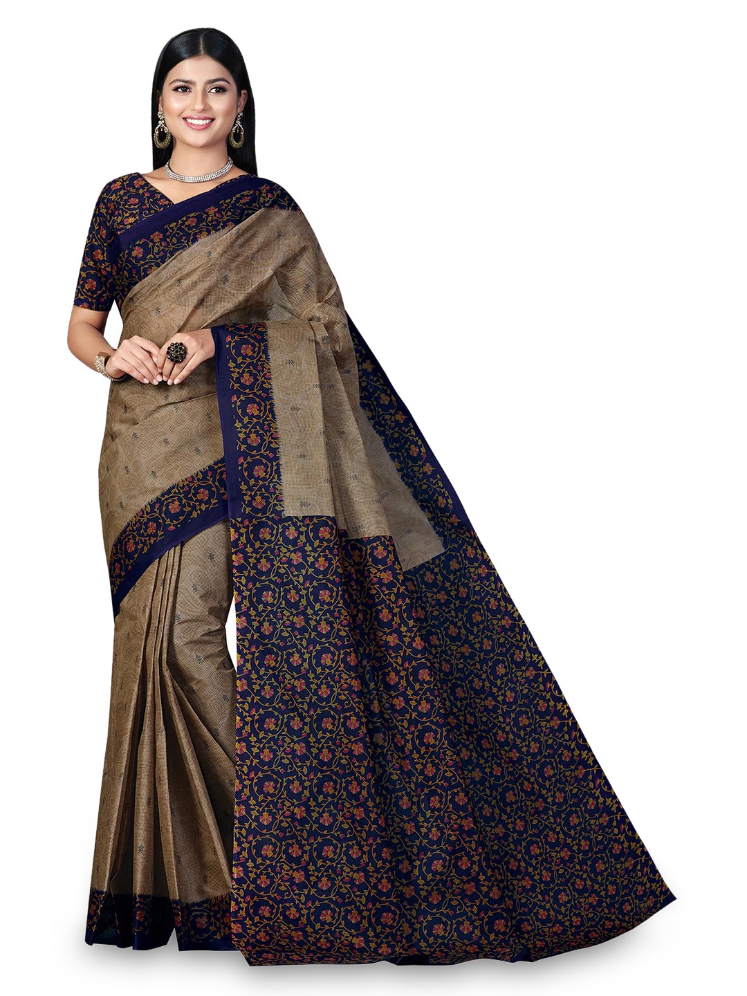 

SALWAR STUDIO Floral Printed Pure Cotton Saree, Beige