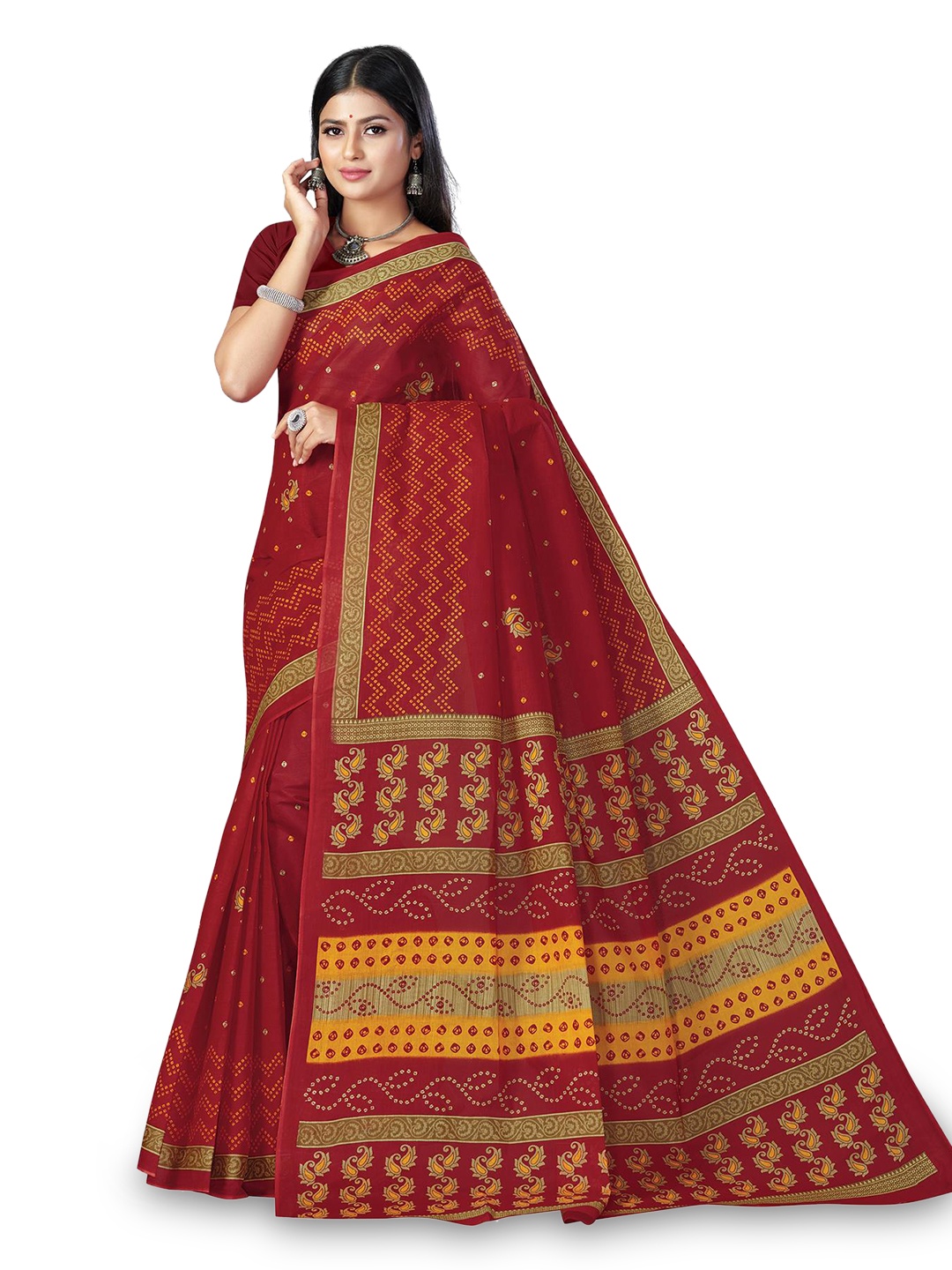

SALWAR STUDIO Ethnic Motifs Printed Pure Cotton Saree, Red
