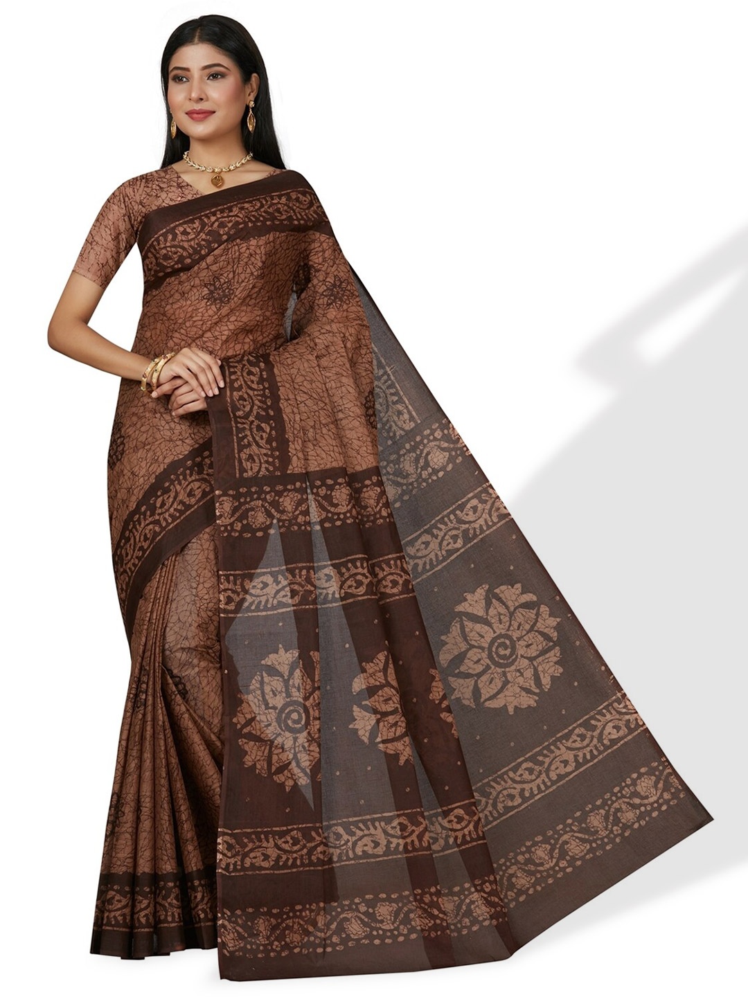 

SALWAR STUDIO Abstrat Printed Pure Cotton Saree, Brown