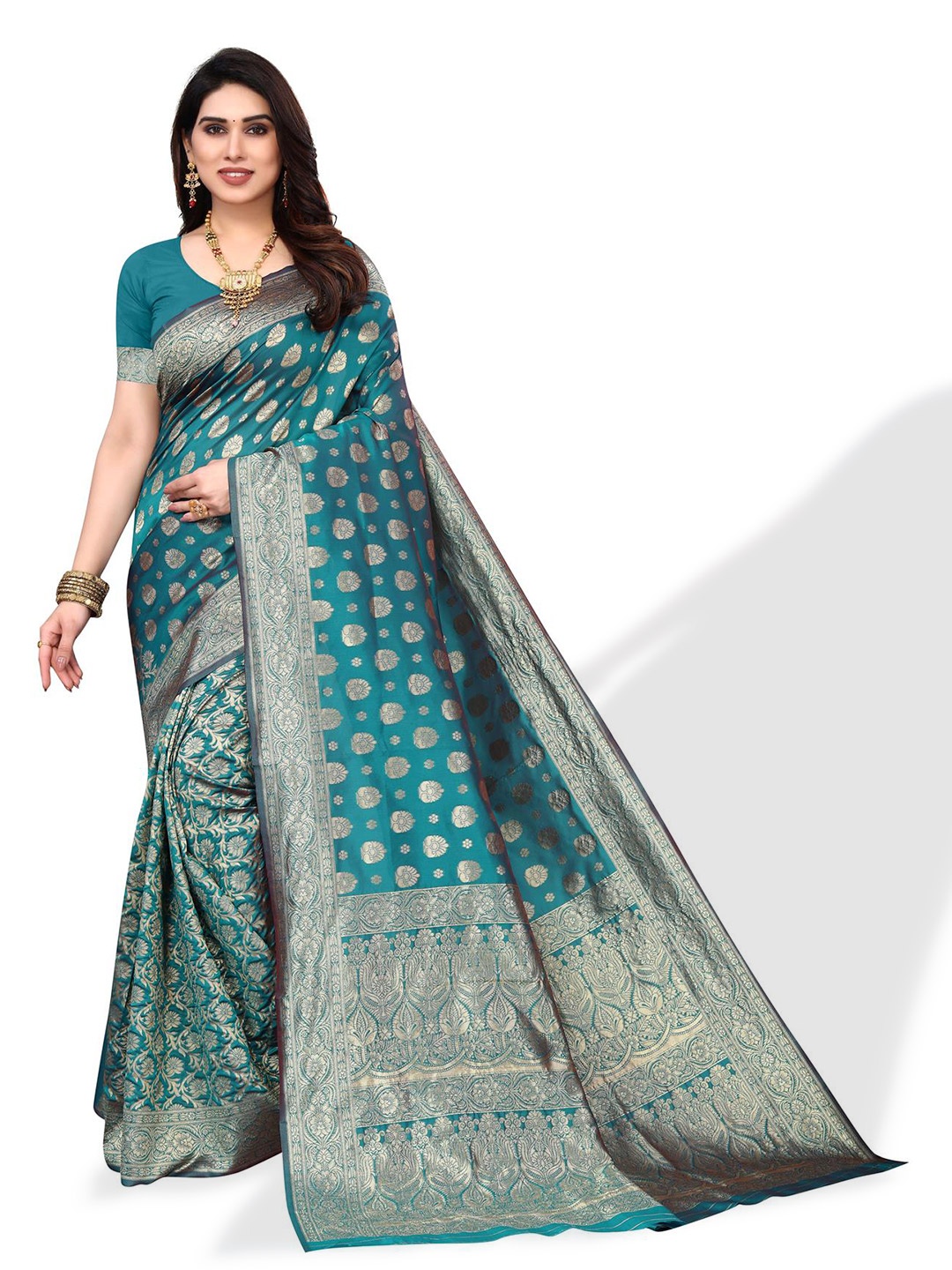 

SALWAR STUDIO Ethnic Motif Woven Design Zari Saree, Teal