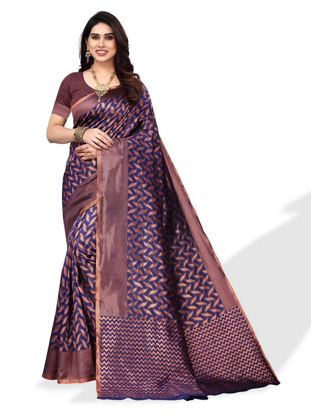 

SALWAR STUDIO Blue Art Silk Block Print Saree