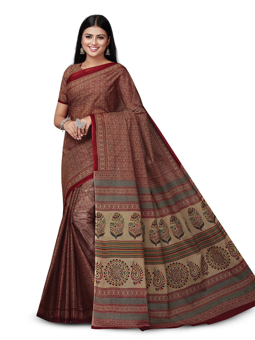 

SALWAR STUDIO Ethnic Printed Pure Cotton Saree, Red