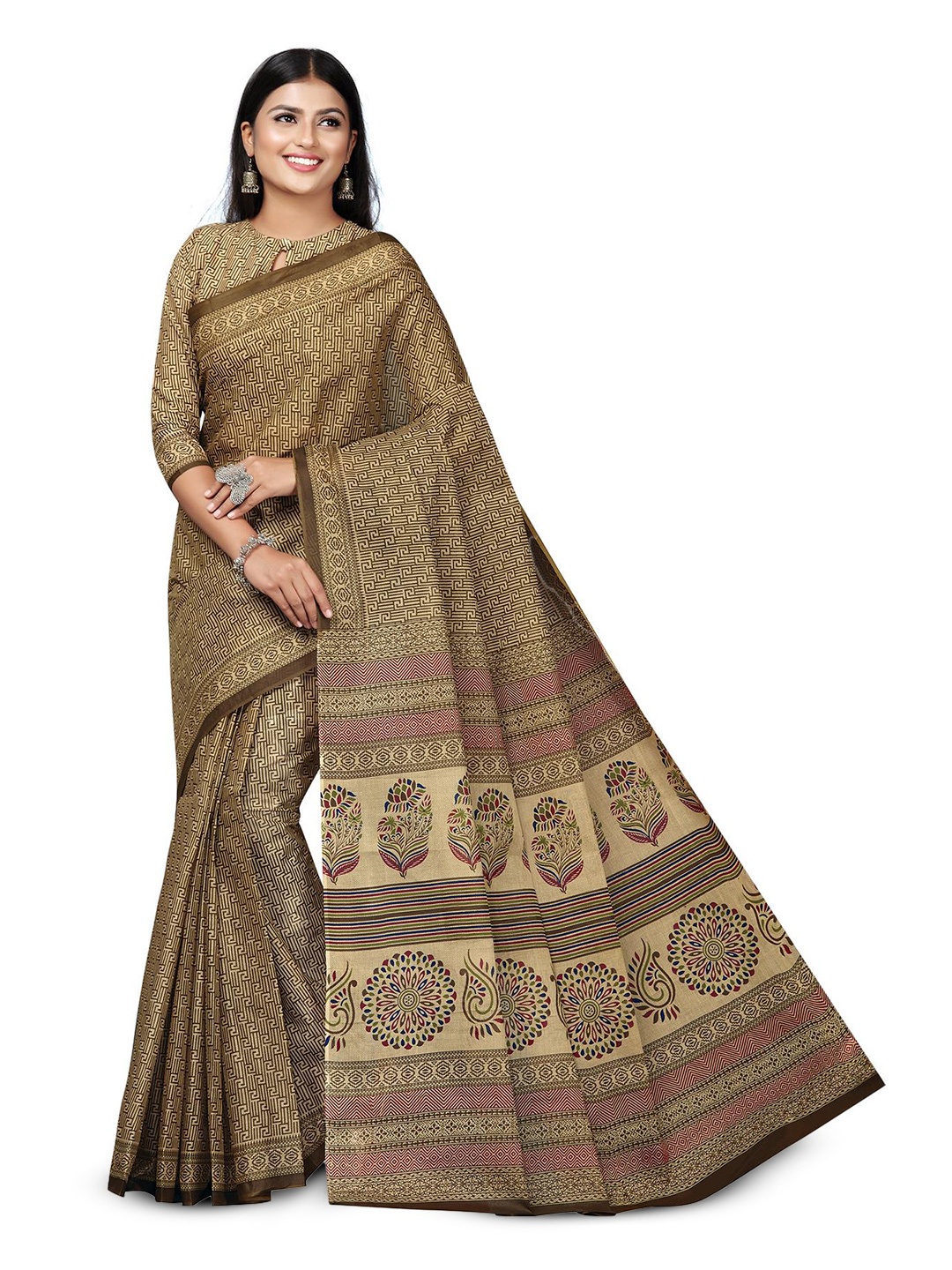 

SALWAR STUDIO Printed Pure Cotton Block Print Saree, Brown