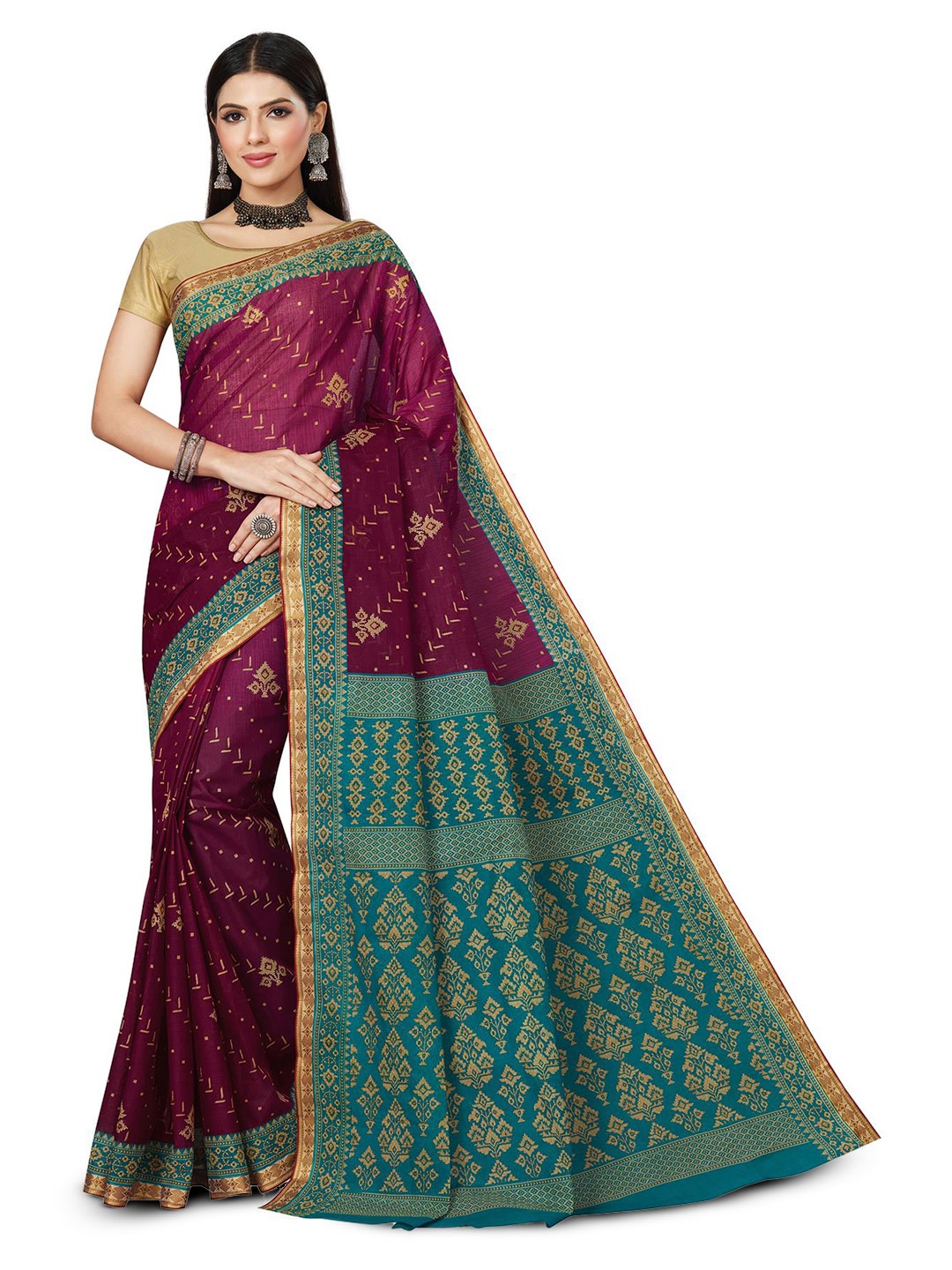

SALWAR STUDIO Floral Printed Pure Cotton Saree, Maroon