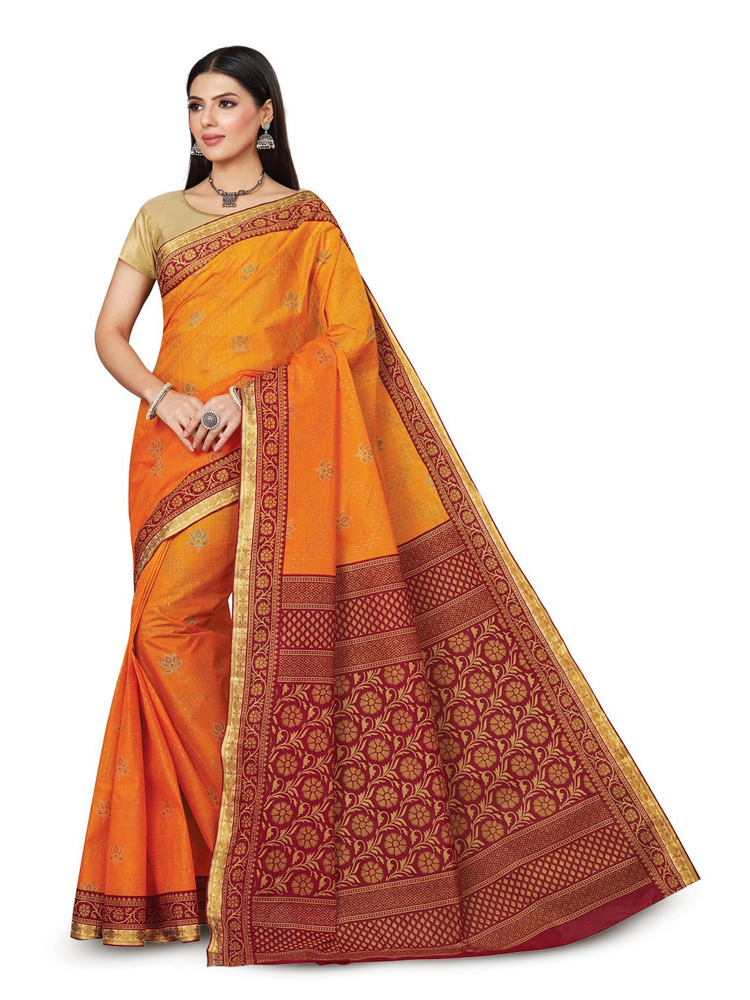 

SALWAR STUDIO Ethnic Motifs Printed Zari Pure Cotton Saree, Orange