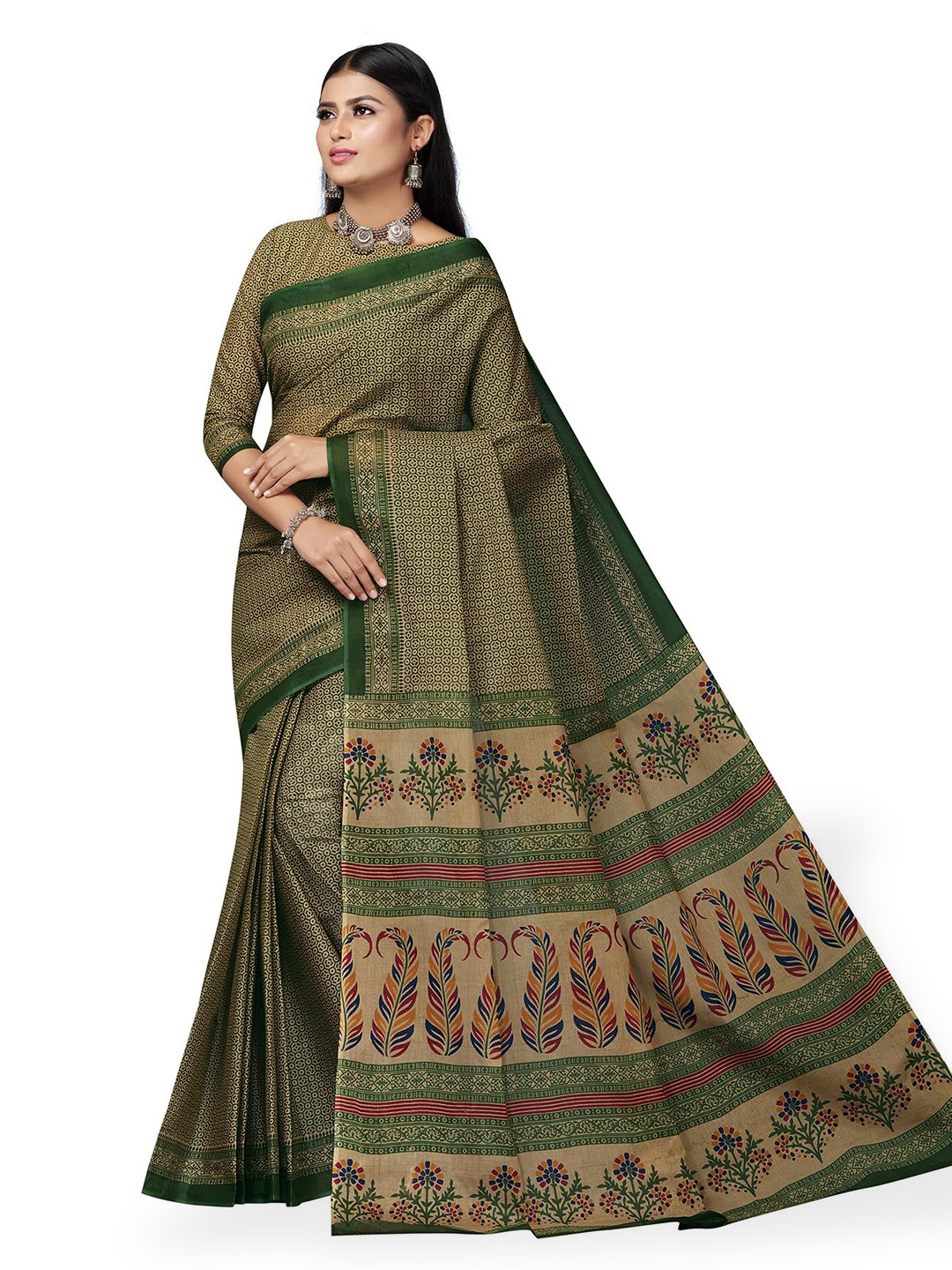 

SALWAR STUDIO Ethnic Motifs Printed Pure Cotton Saree, Green