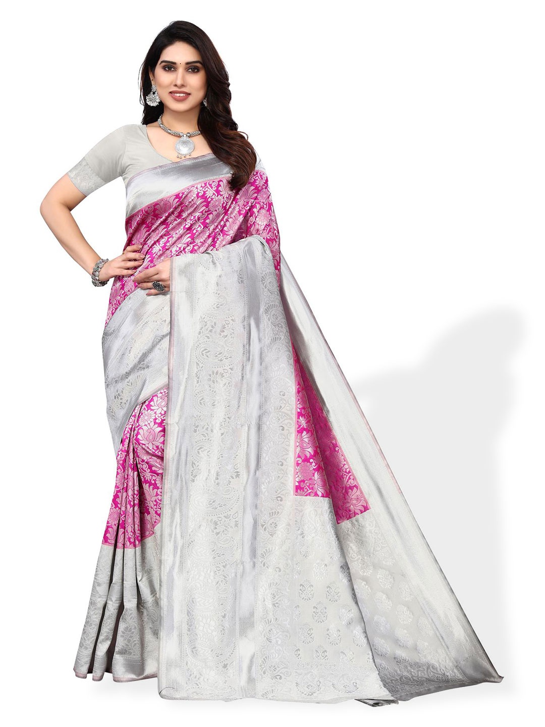 

SALWAR STUDIO Floral Woven Design Zari Saree, Pink