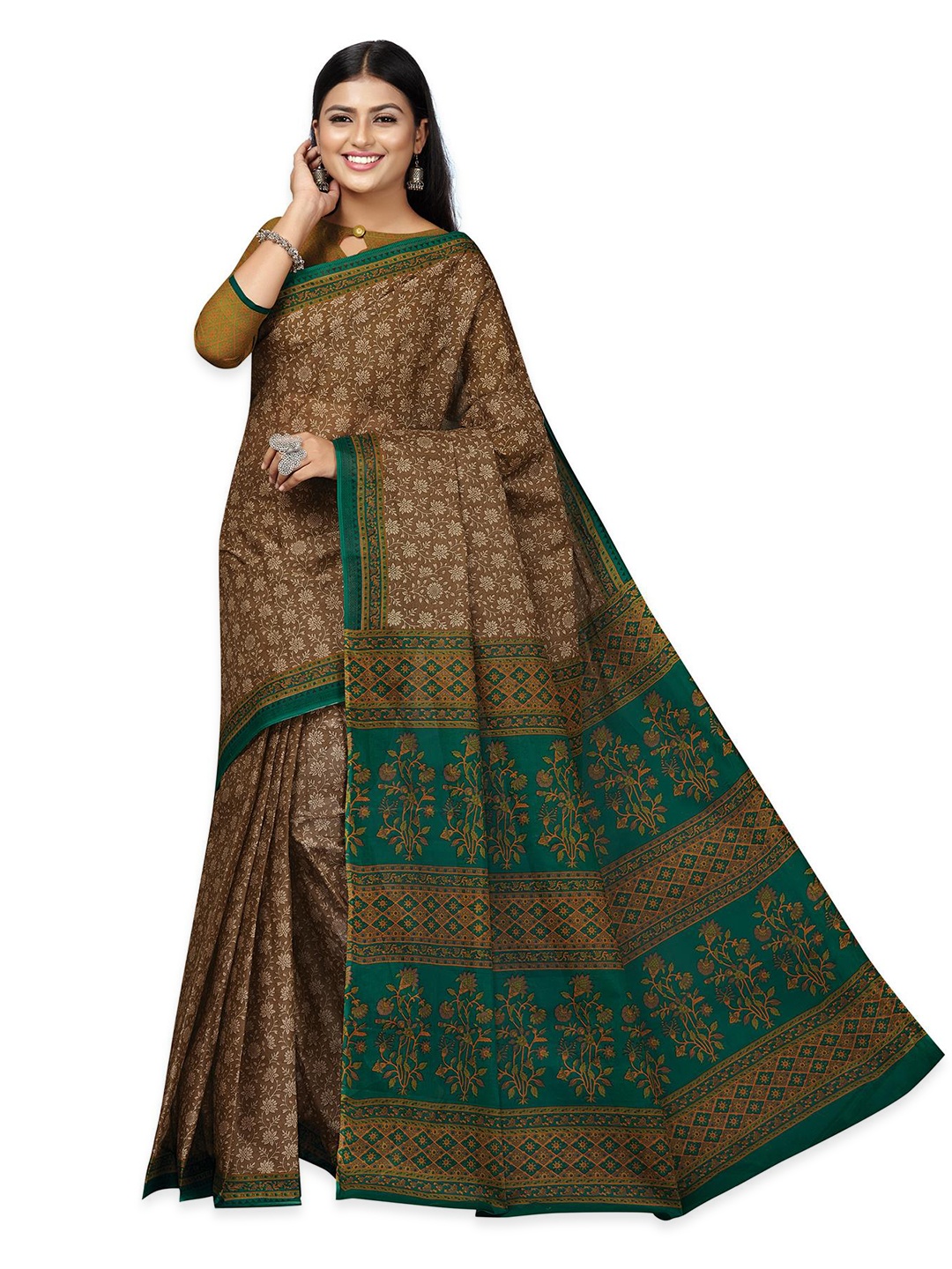 

SALWAR STUDIO Floral Printed Pure Cotton Saree, Brown