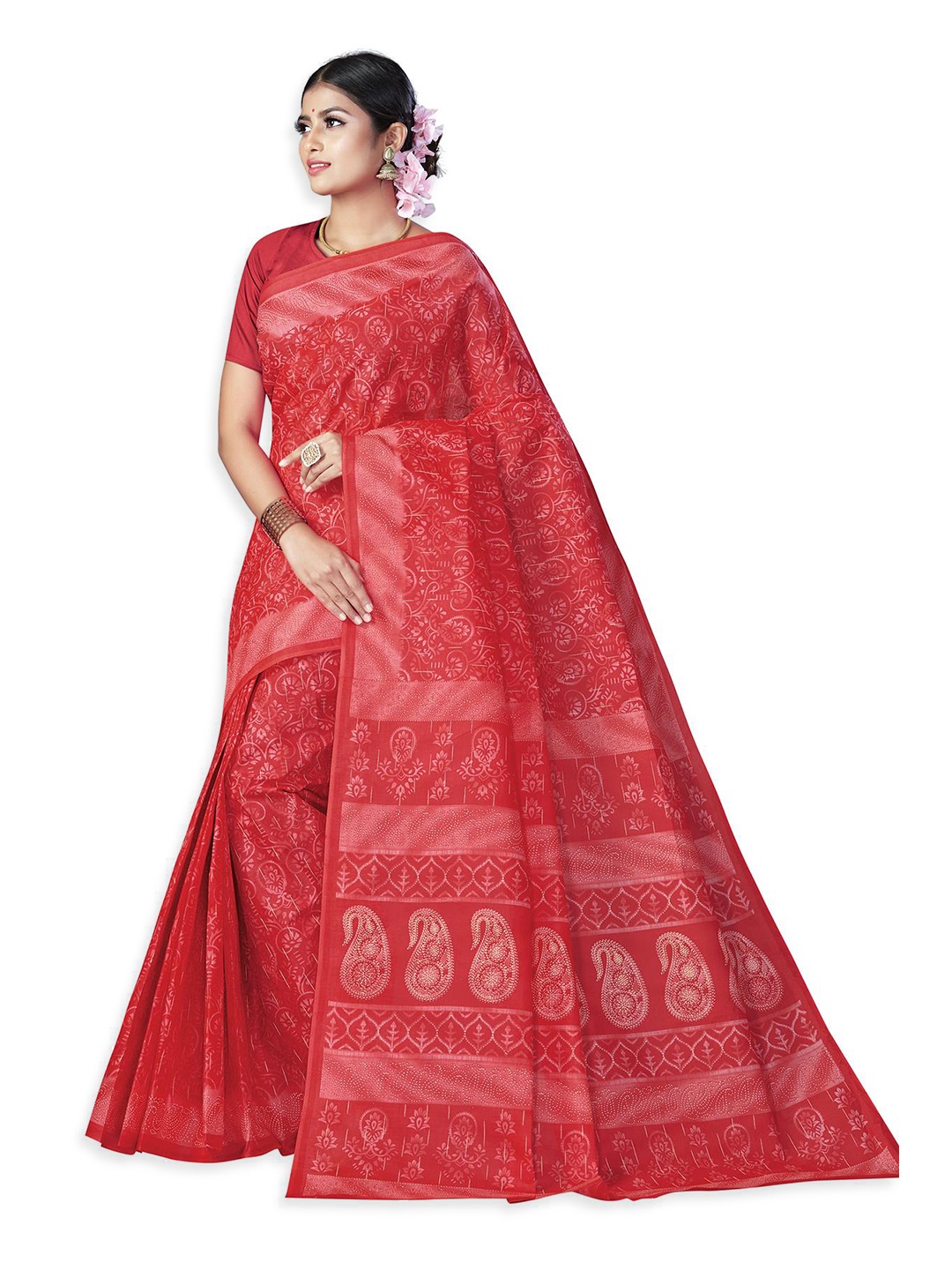 

SALWAR STUDIO Floral Printed Pure Cotton Saree, Red