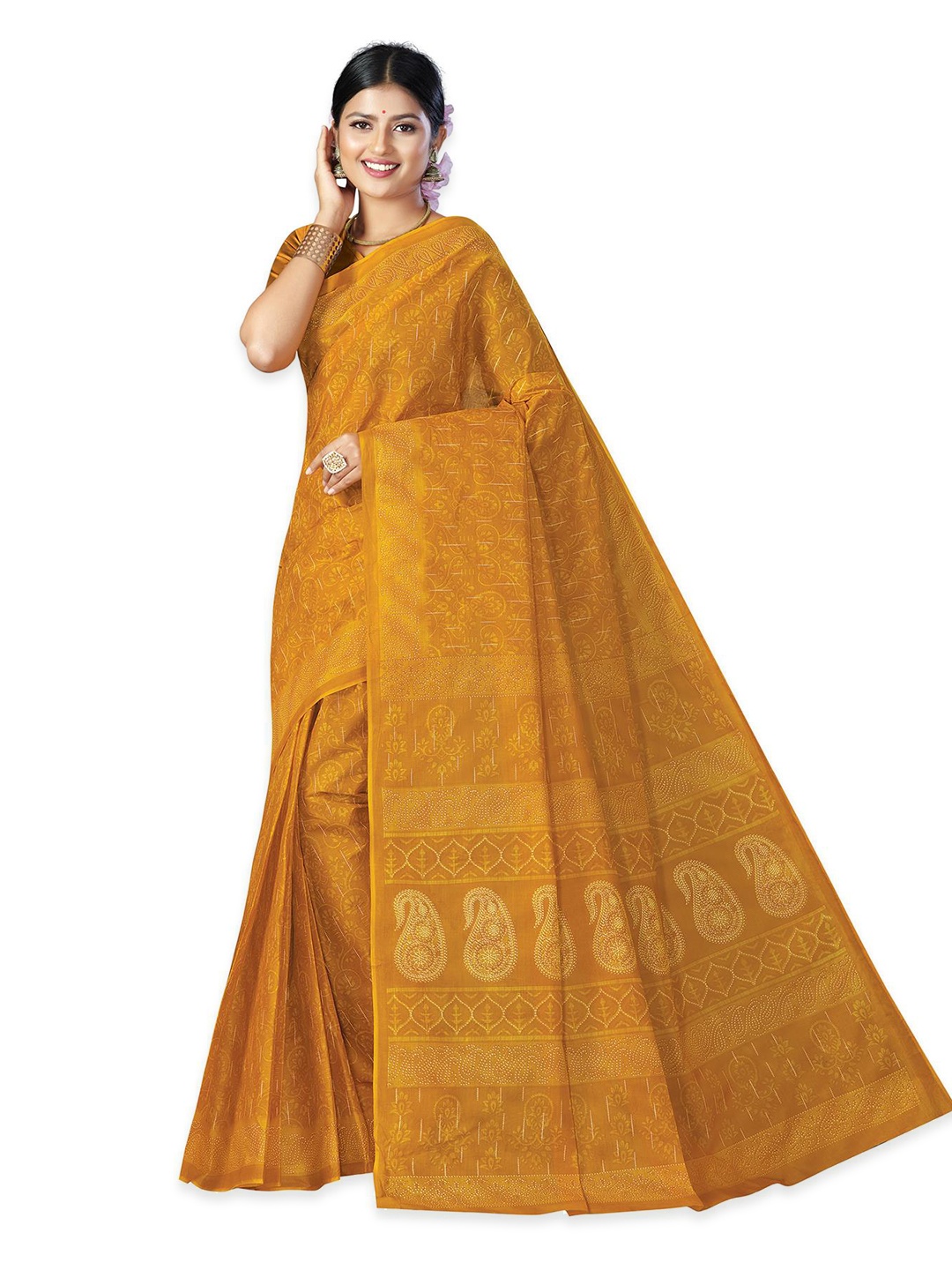 

SALWAR STUDIO Ethnic Motifs Pure Cotton Block Print Saree, Mustard