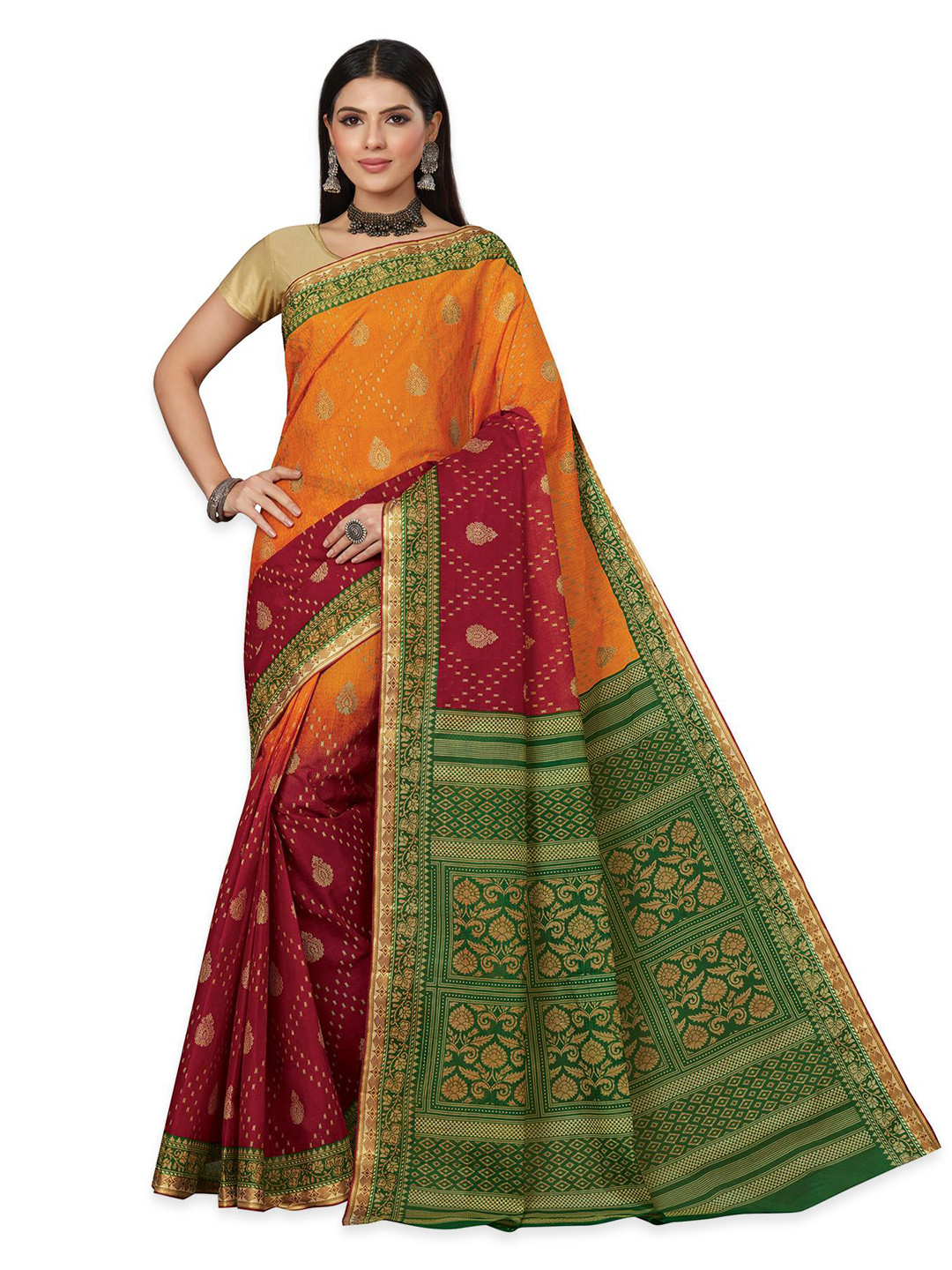 

SALWAR STUDIO Ethnic Motifs Printed Zari Pure Cotton Saree, Orange