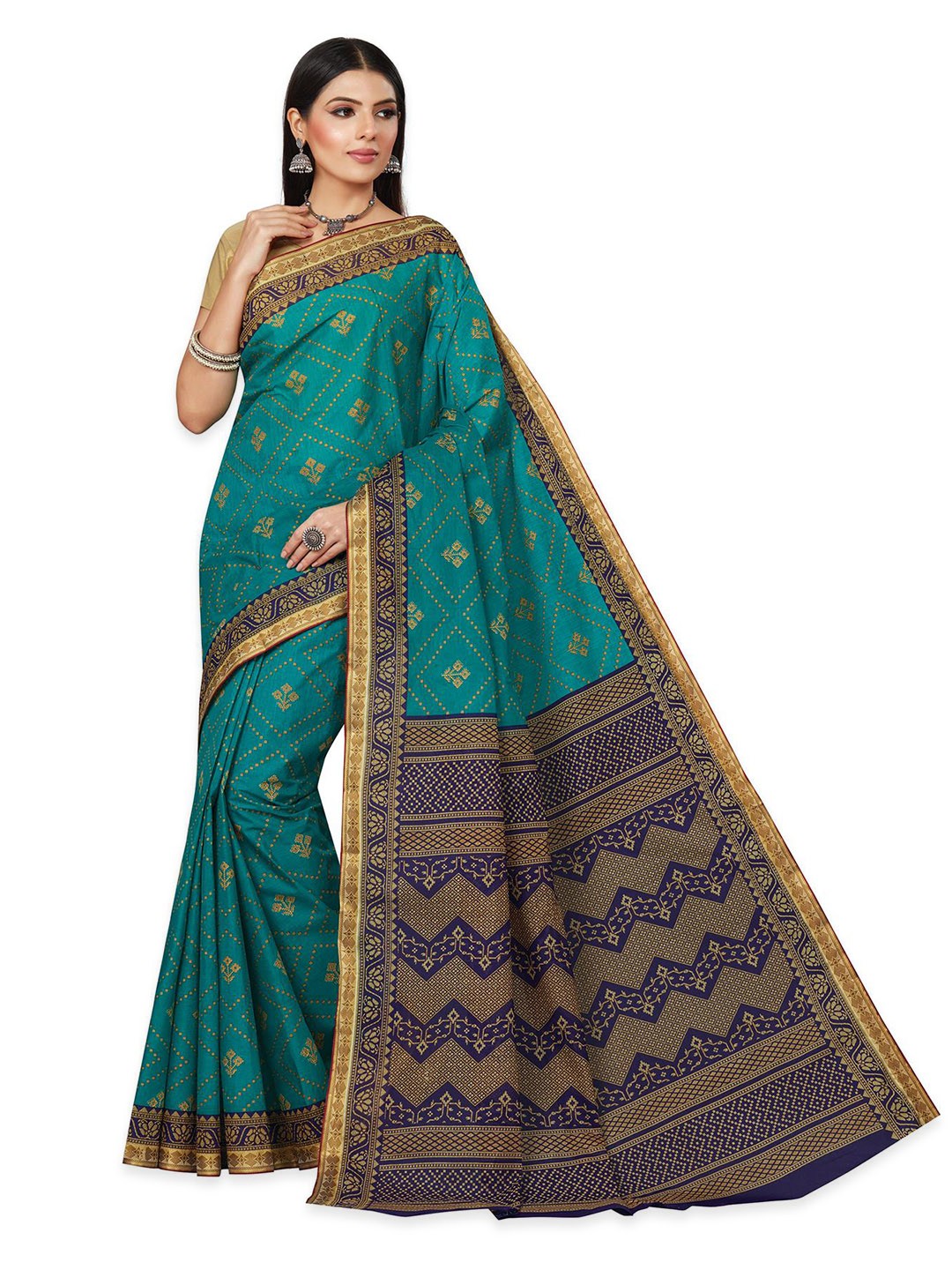 

SALWAR STUDIO Floral Printed Zari Pure Cotton Saree, Blue