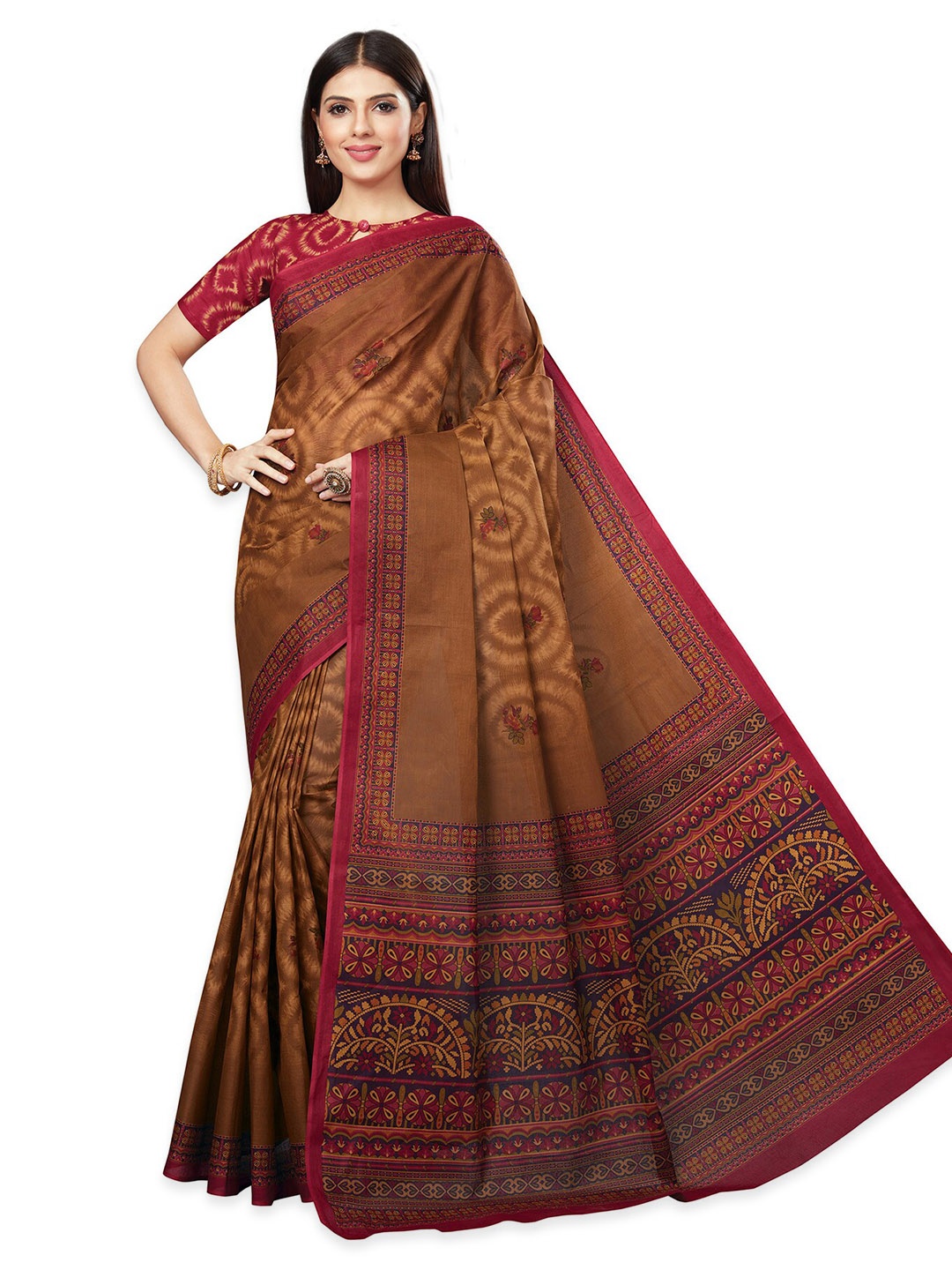 

SALWAR STUDIO Foral Printed Pure Cotton Saree, Brown