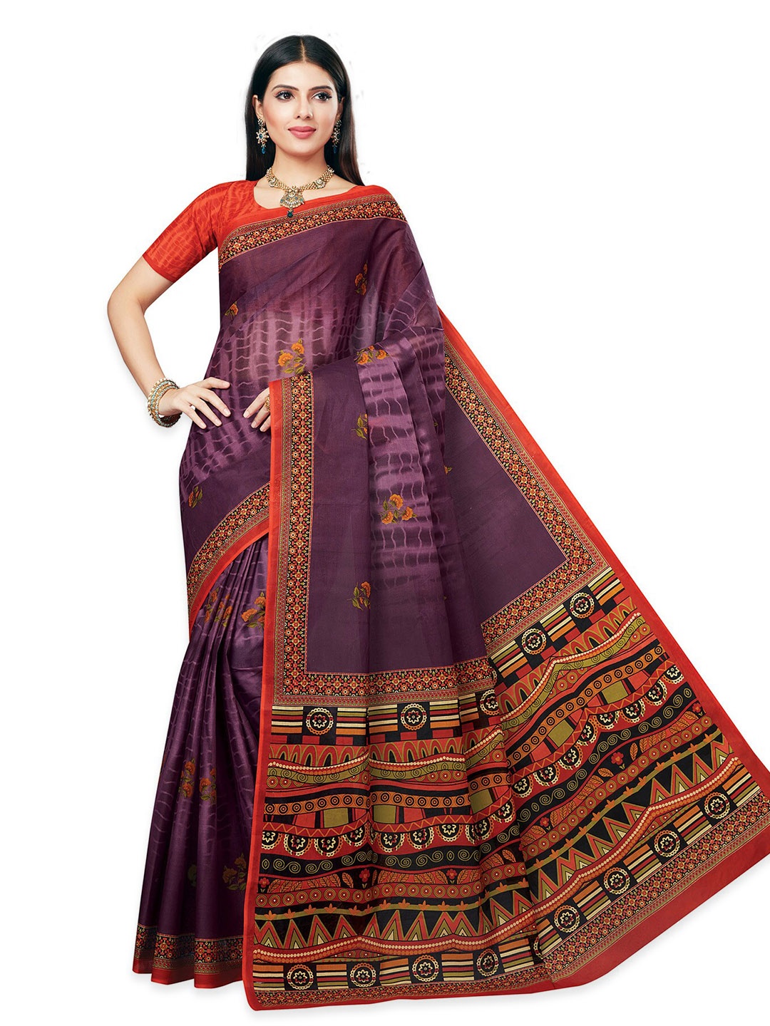 

SALWAR STUDIO Foral Printed Pure Cotton Saree, Burgundy
