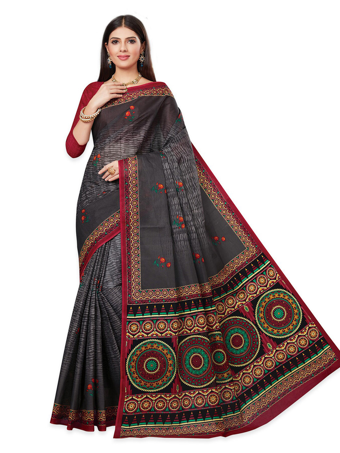 

SALWAR STUDIO Floral Printed Pure Cotton Saree, Grey