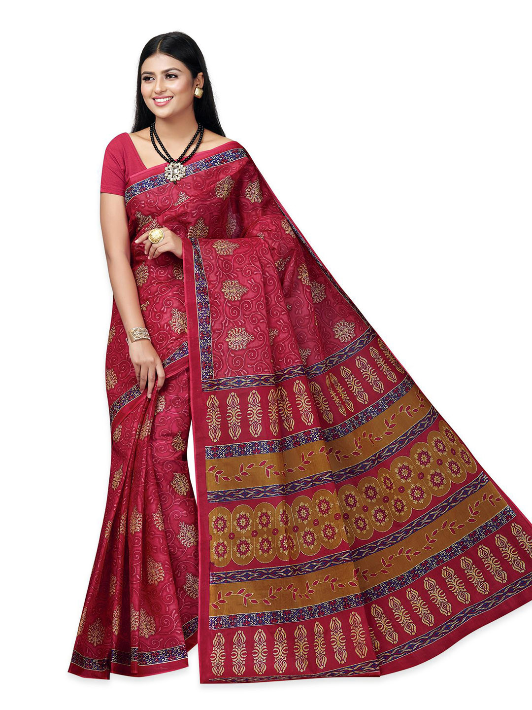 

SALWAR STUDIO Ethnic Motifs Printed Pure Cotton Saree, Red