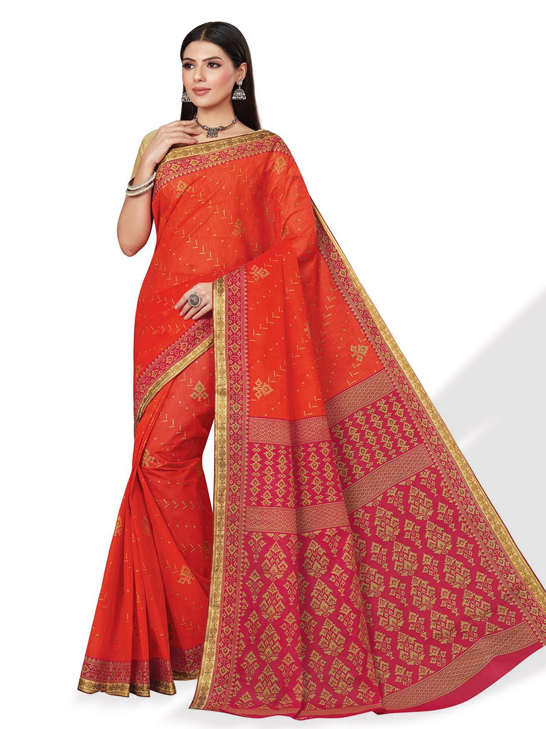 

SALWAR STUDIO Ethnic Motifs Printed Pure Cotton Saree, Orange