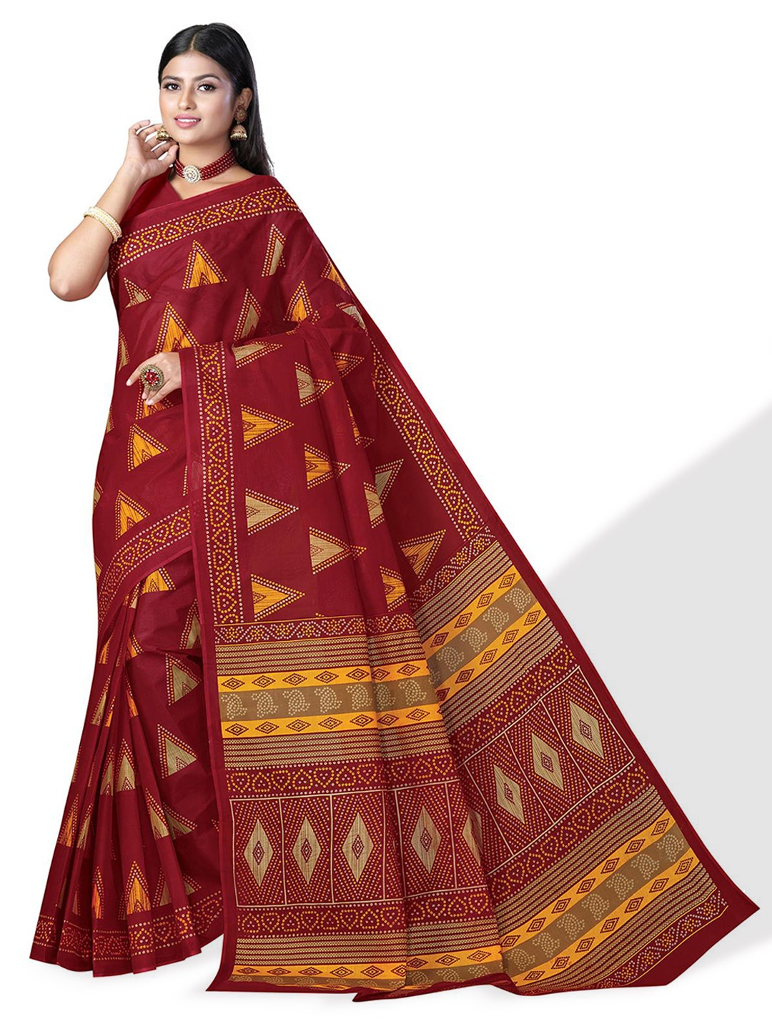 

SALWAR STUDIO Bandhani Printed Pure Cotton Saree, Red