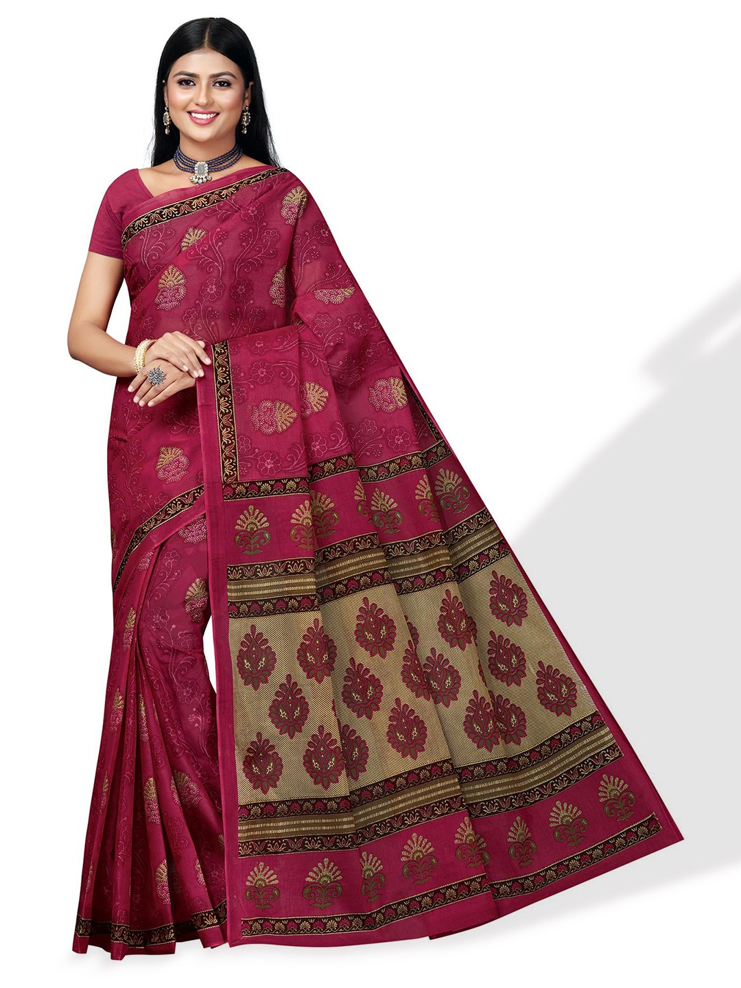 

SALWAR STUDIO Floral Printed Pure Cotton Saree, Pink