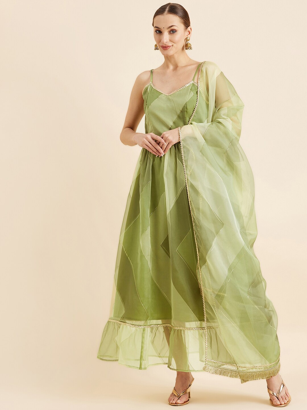 

PANIT Green Geometric Printed Gota Patti Organza A-Line Ethnic Dress With Dupatta