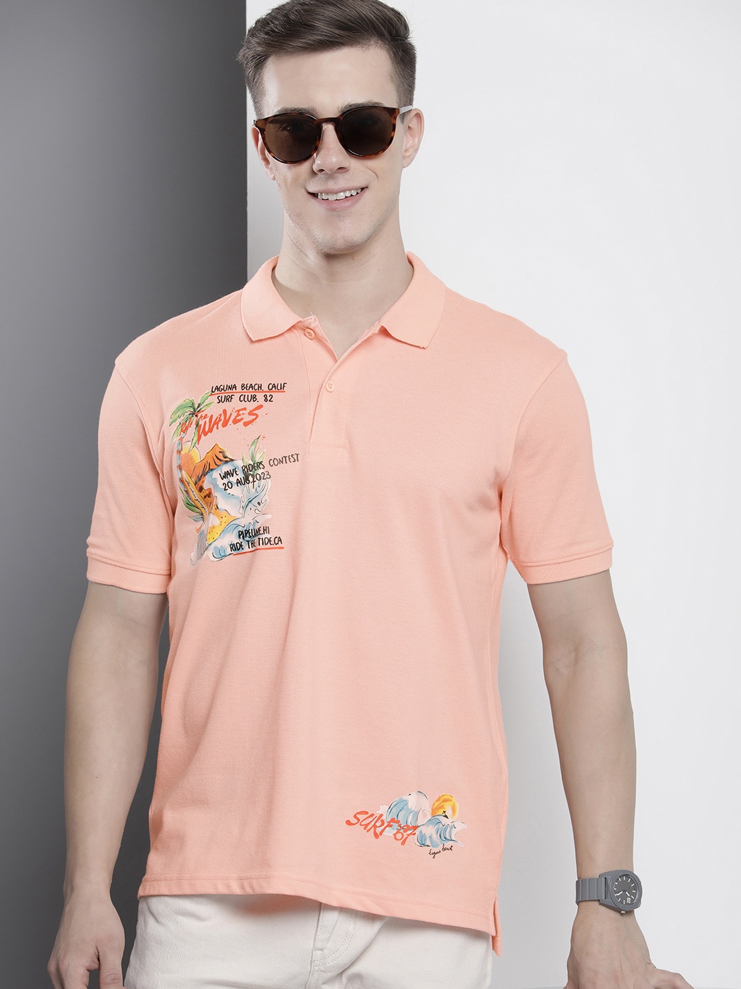 

The Indian Garage Co Men Printed Polo Collar T-shirt, Peach