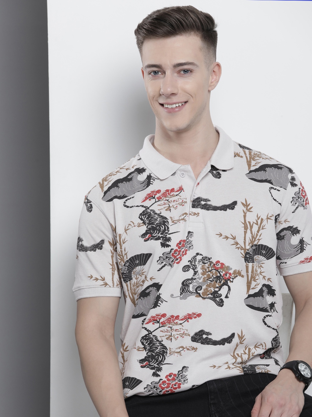 

The Indian Garage Co Men Conversational Printed Polo Collar T-shirt, Beige