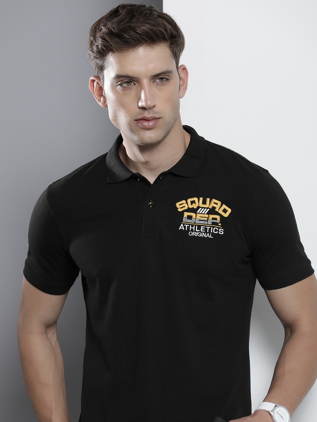 

The Indian Garage Co Men Polo Collar Applique T-shirt, Black