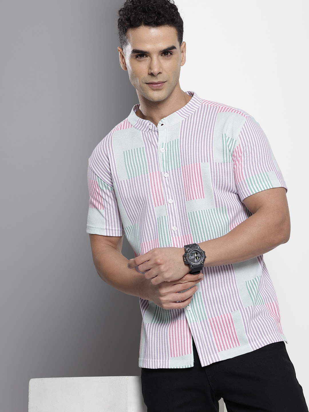 

The Indian Garage Co Band Collar Striped Casual Shirt, Multi