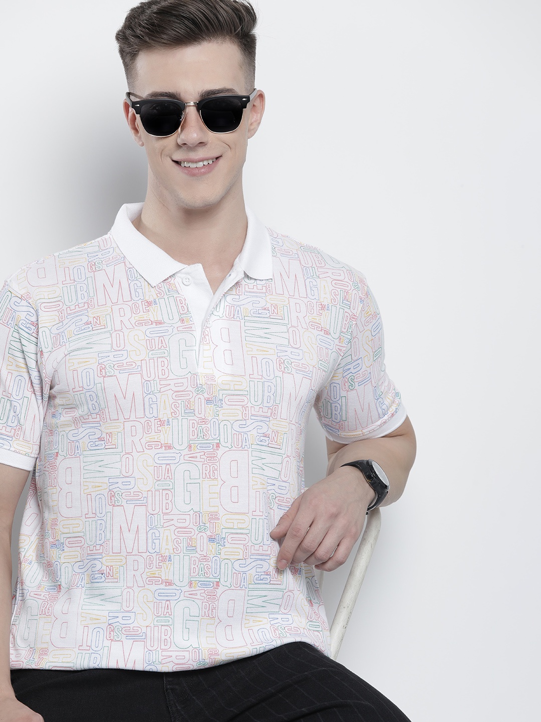 The Indian Garage Co Men Typography Printed Polo Collar T-shirt, White