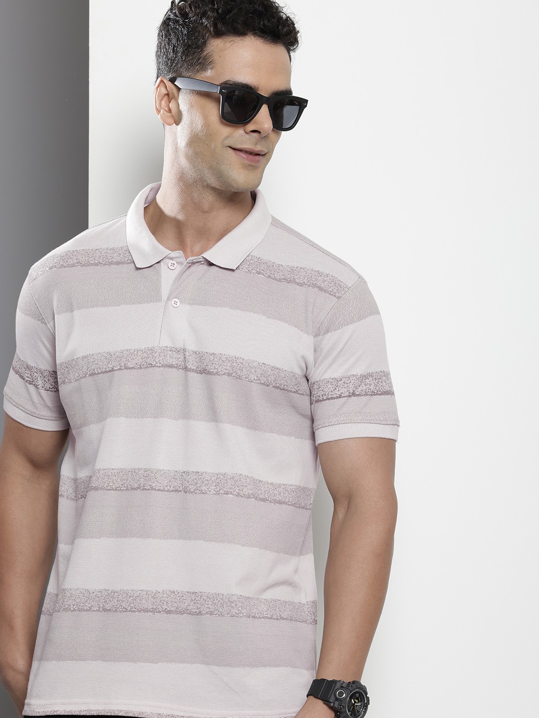 

The Indian Garage Co Striped Polo Collar T-shirt, Grey