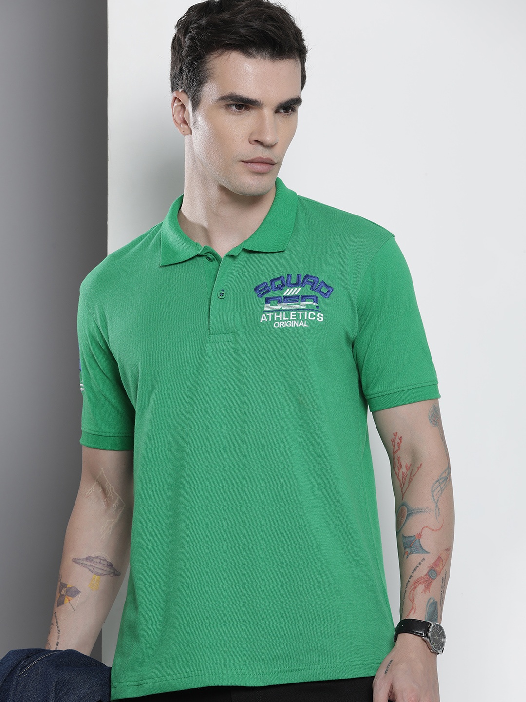 

The Indian Garage Co Men Polo Collar Applique T-shirt, Green