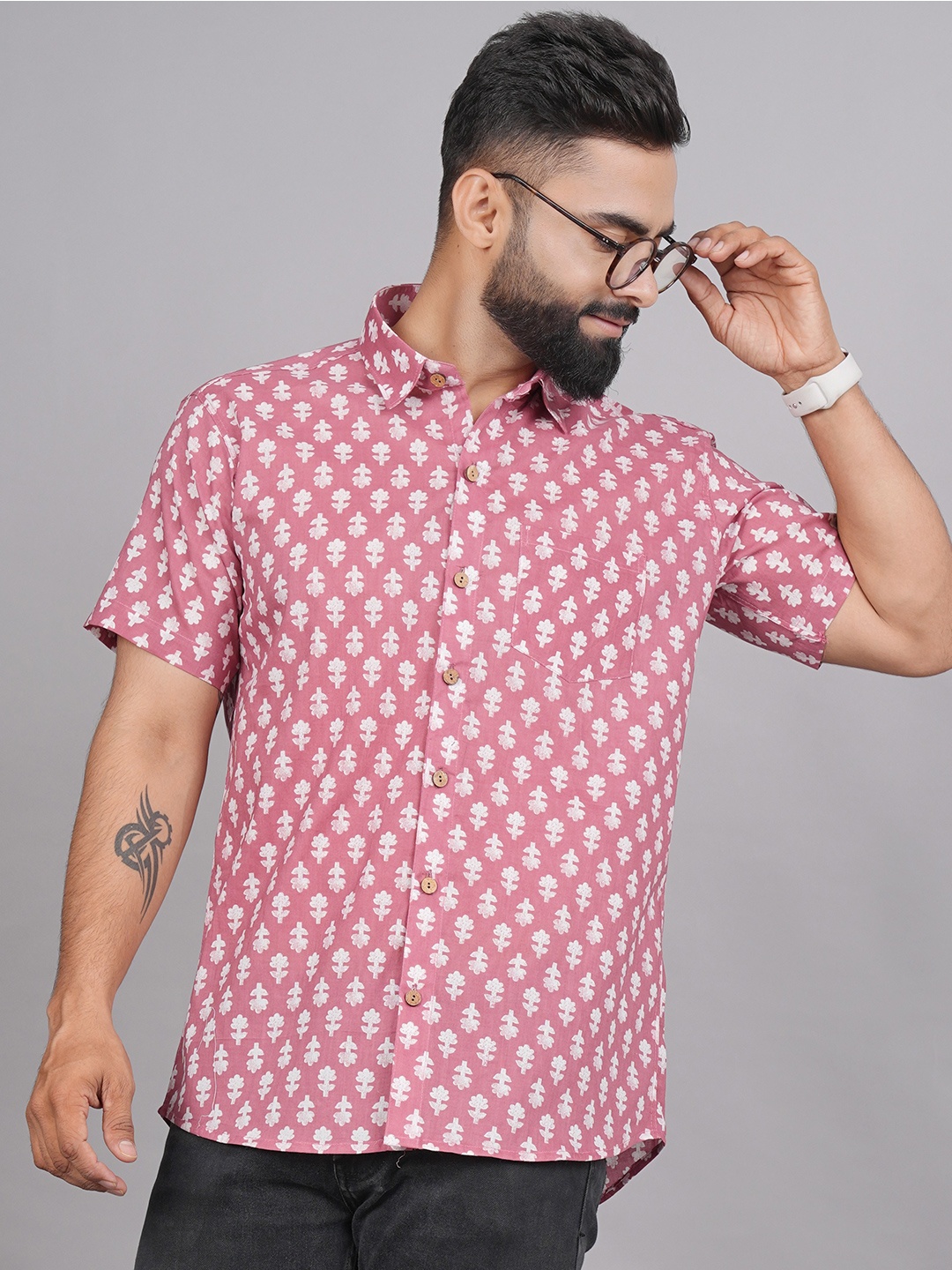 

LIVING ROOTS Comfort Ethnic Motifs Printed Casual Pure Cotton Shirt, Pink