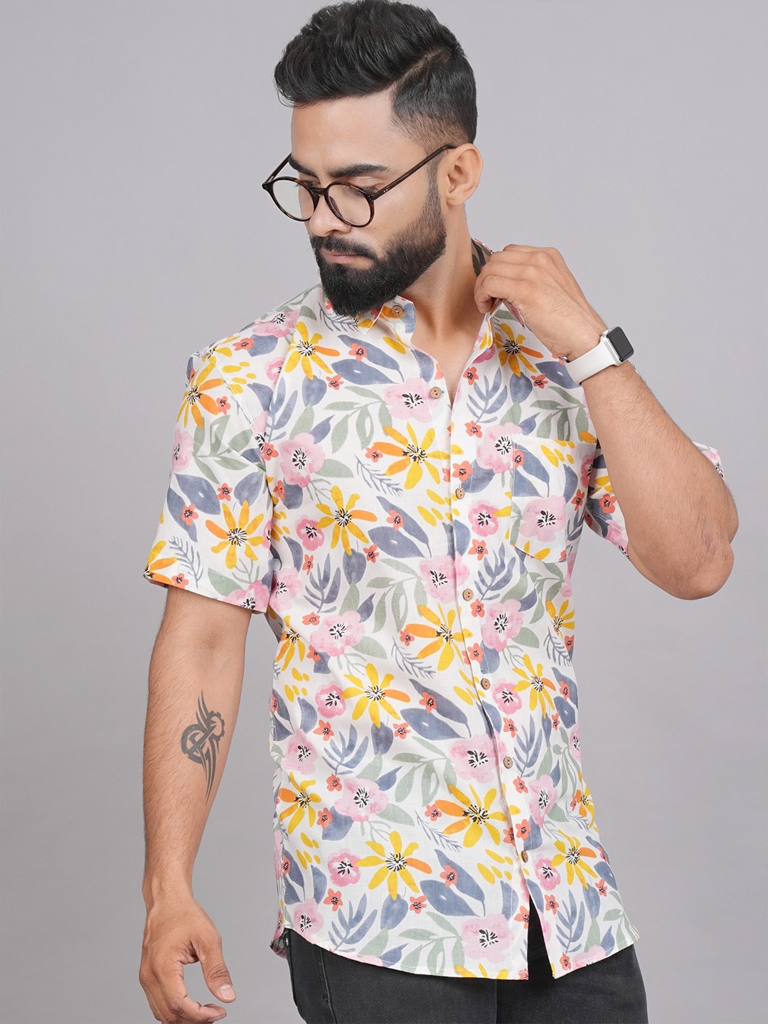 

LIVING ROOTS Comfort Floral Printed Casual Pure Cotton Shirt, White