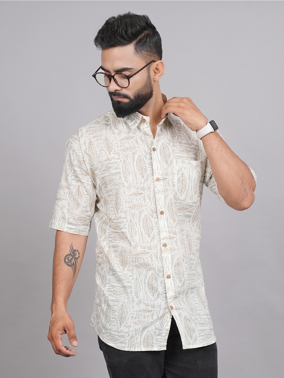 

LIVING ROOTS Comfort Floral Printed Casual Pure Cotton Shirt, White
